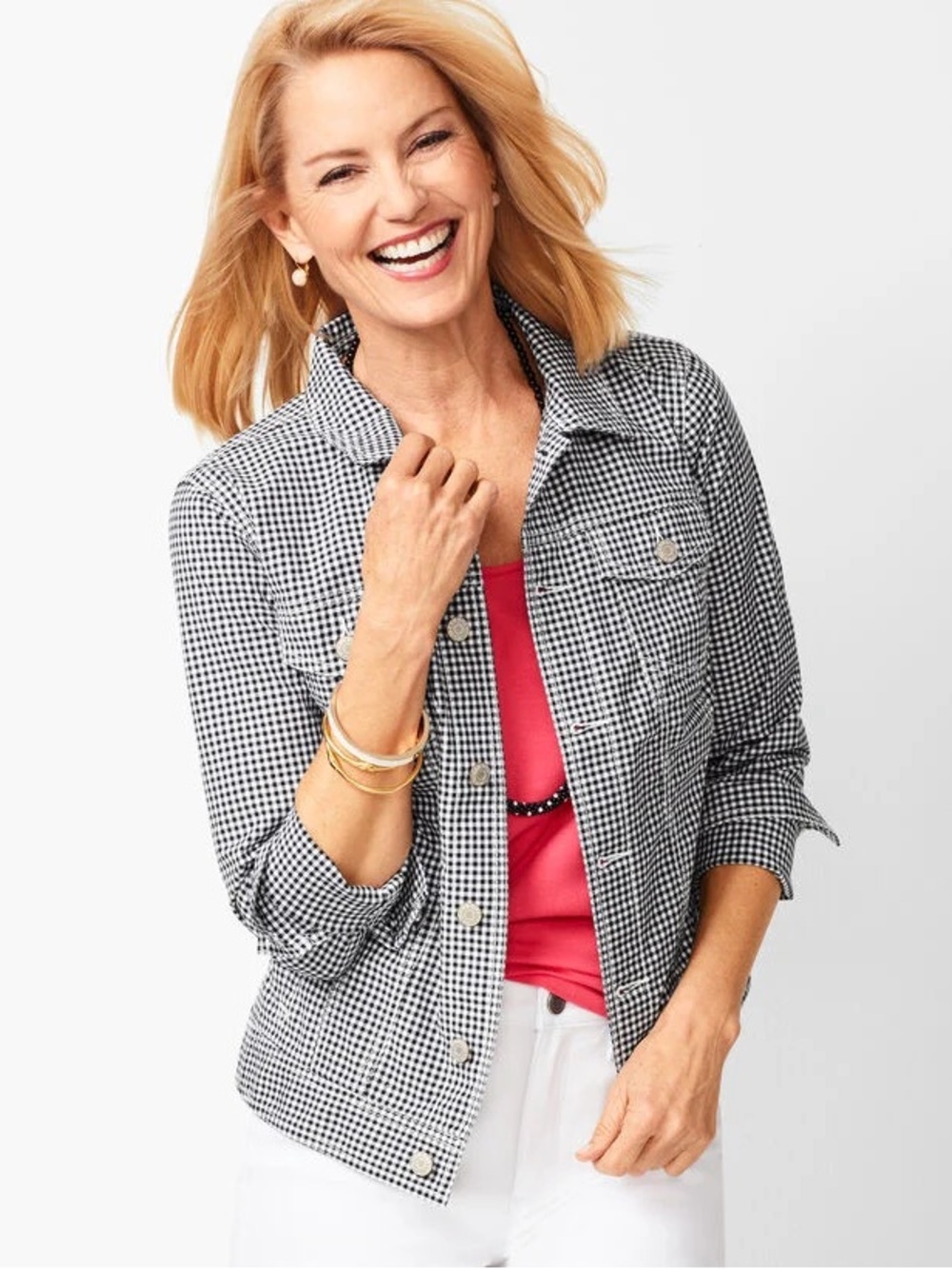 Talbots Classic Navy/White Gingham Jean Jacket SZ L Preppy Coastal Casual